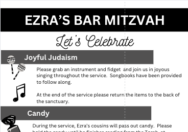 Program insert to be paired with Temple's main Shabbat Morning program